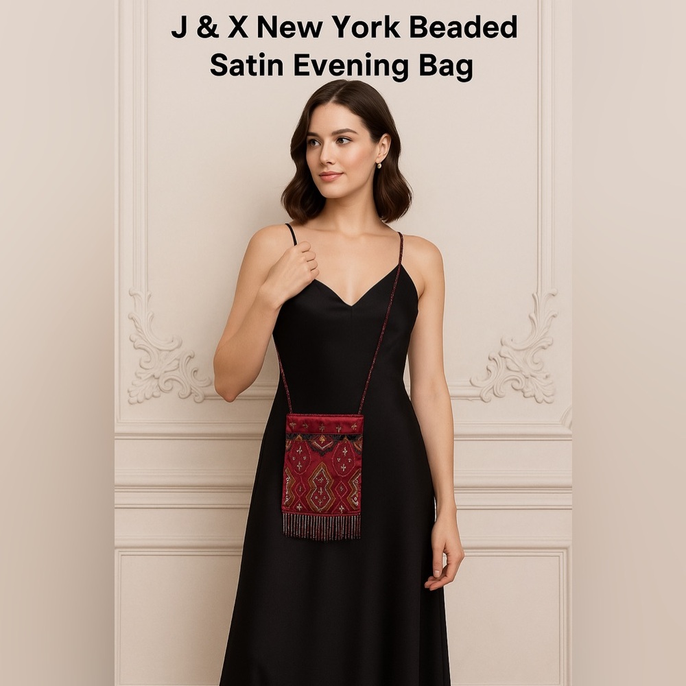 J & X NY Burgundy Satin Beaded Tassel Evening Bag